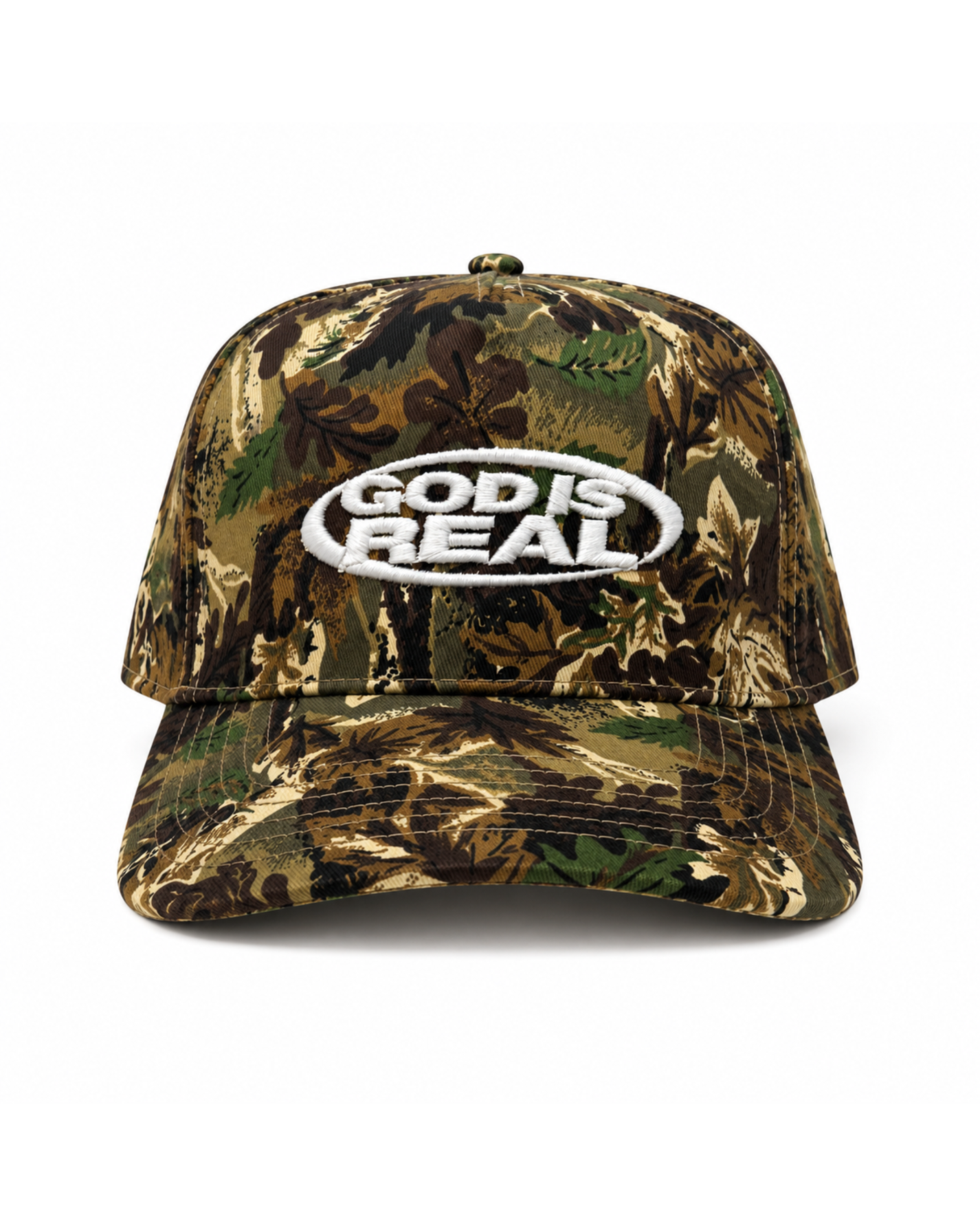 Camouflage baseball cap with 'God is Real' logo on a white background