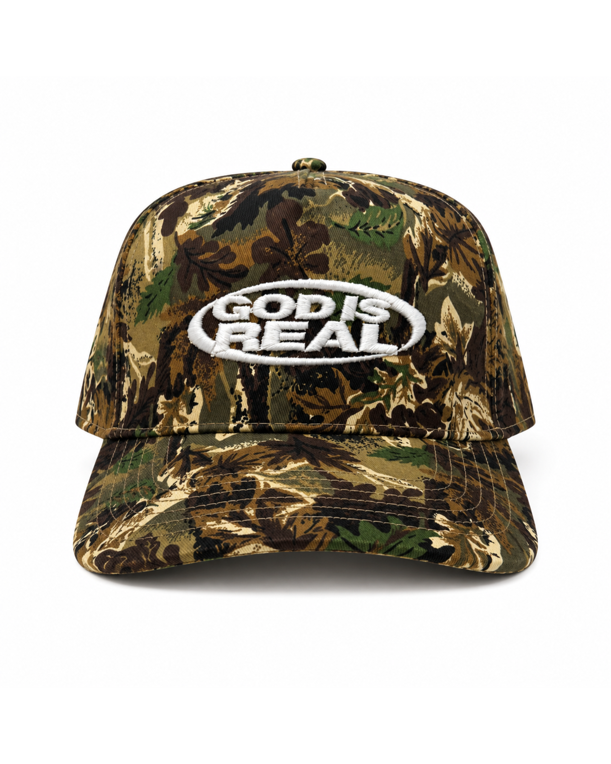 Camouflage baseball cap with 'God is Real' logo on a white background
