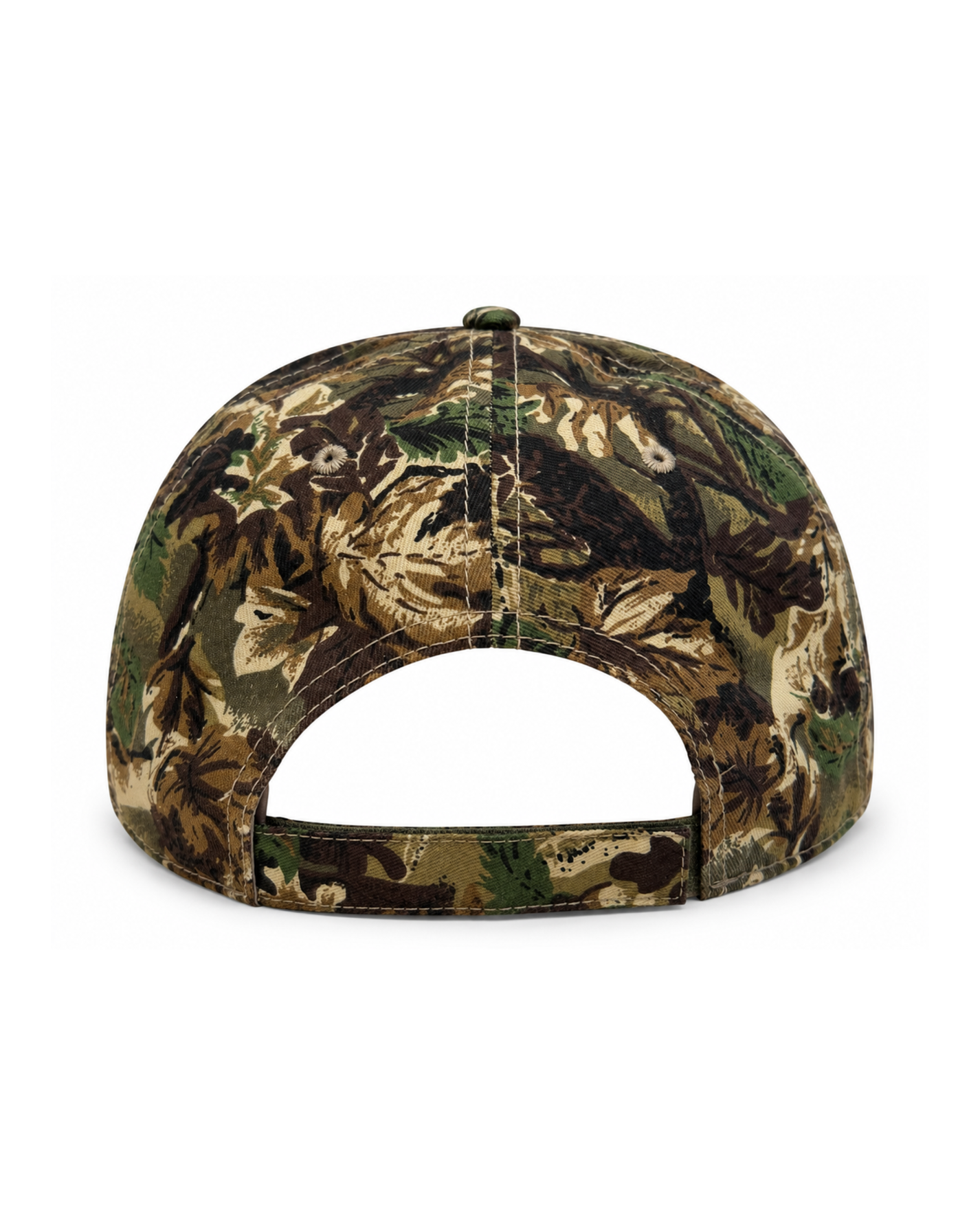 Back of Camouflage-patterned cap on a white background. Velcro strap displayed.