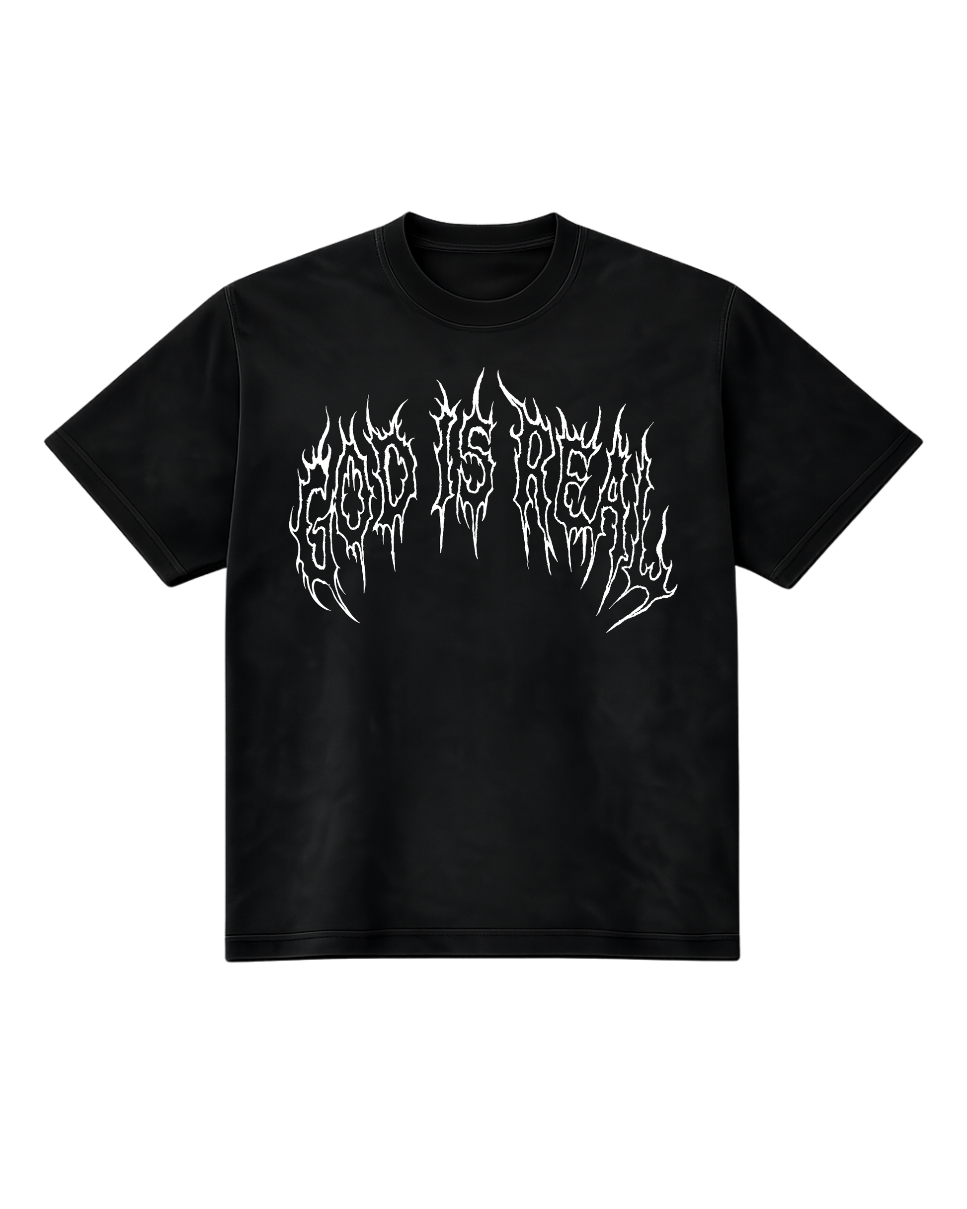 Black t-shirt with white text 'GOD IS REAL' in a metal font across the front displayed on a white background