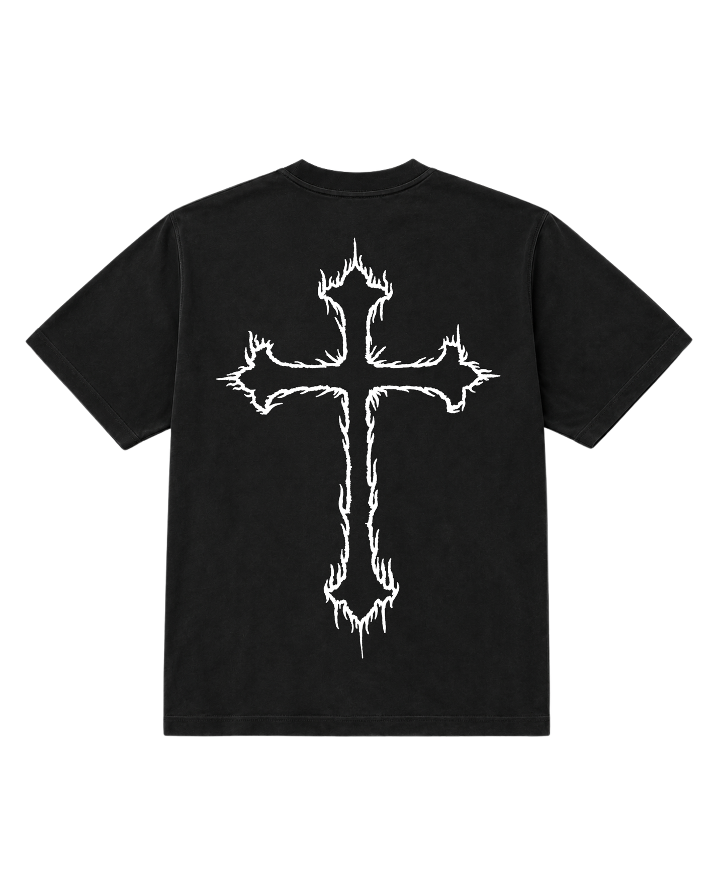 Black t-shirt with a white cross design on the back against a white background