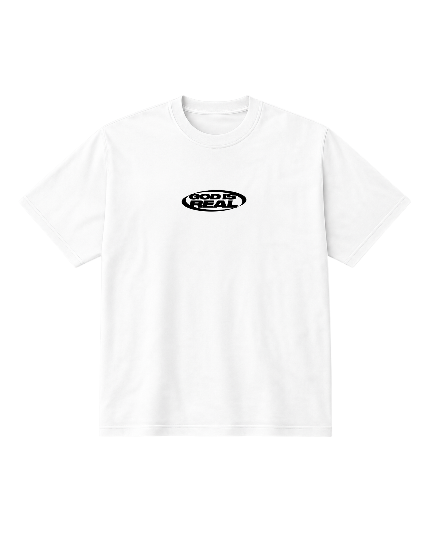 White t-shirt with a black circular GOD IS REALlogo on a white background