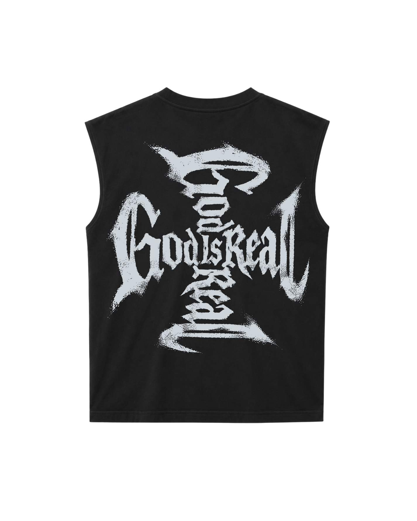 Back of Black sleeveless shirt with white text 'God is Real' in the shape of a cross displayed on a white background
