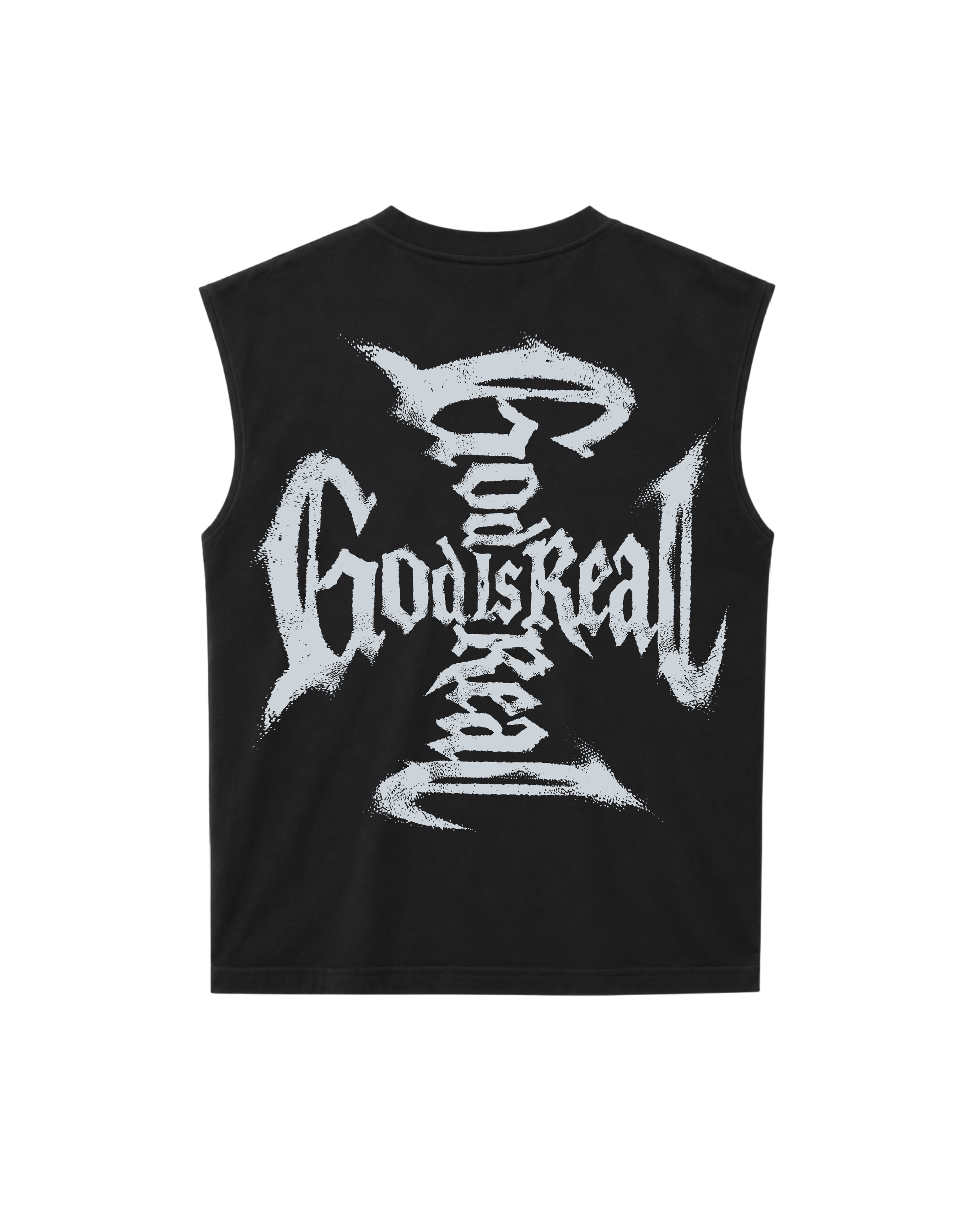 Back of Black sleeveless shirt with white text 'God is Real' in the shape of a cross displayed on a white background