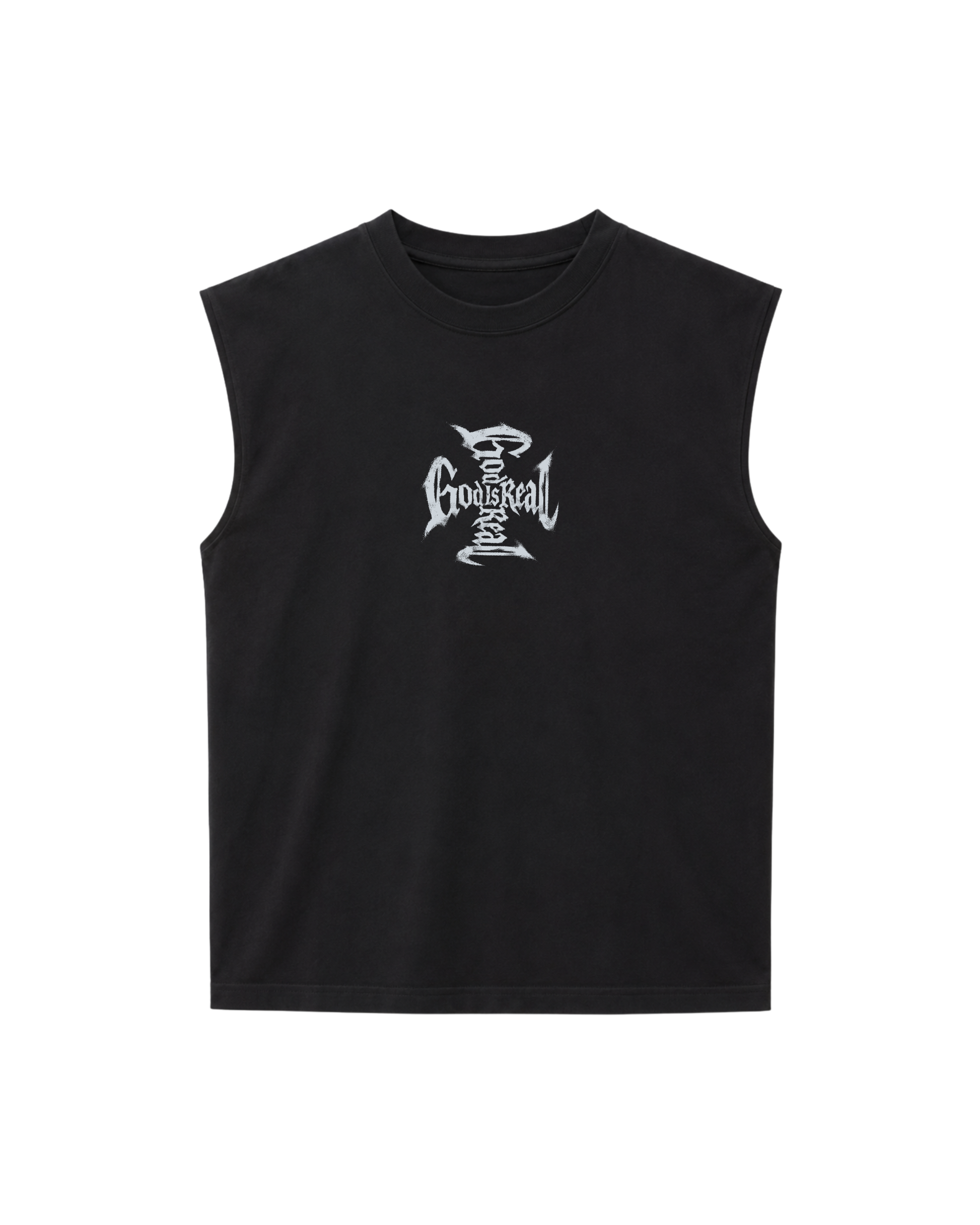 Black sleeveless shirt with white GOD IS REAL text centered on front. The shirt is displayed on a white background